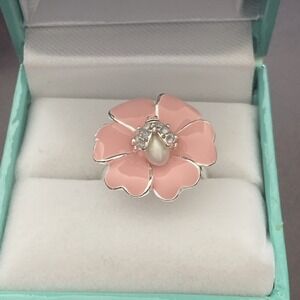 Stella & Dot Pink & Gold Tone Enamel Flower Crystal Bee Ring Adj. Fits Sz 5-9